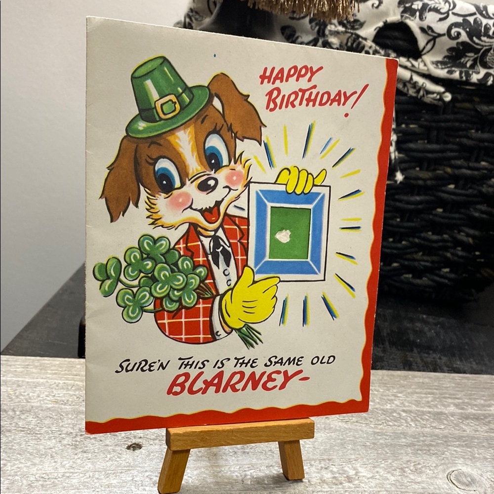 Vintage Style Happy Birthday Card with Dog and Shamrock!